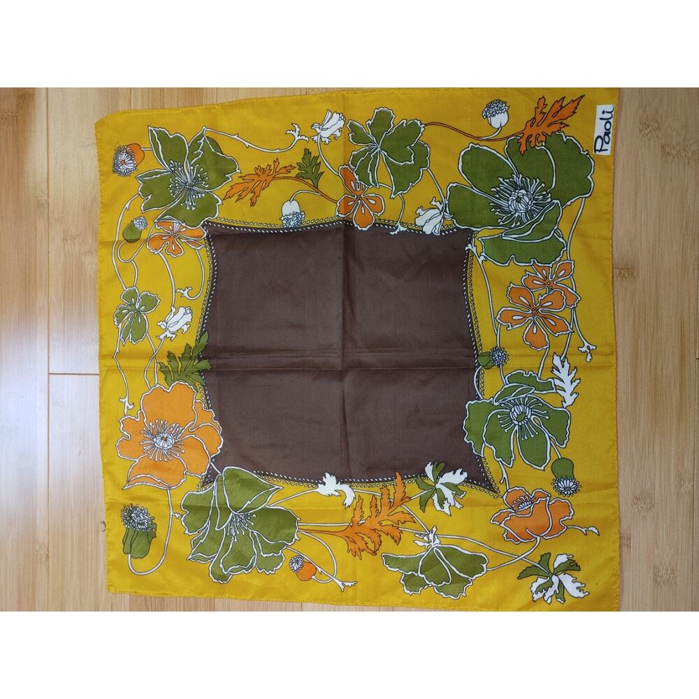 Vintage Paoli 60s 70s Scarf Floral Funky Avocado Green Sheer 20.5 x 22